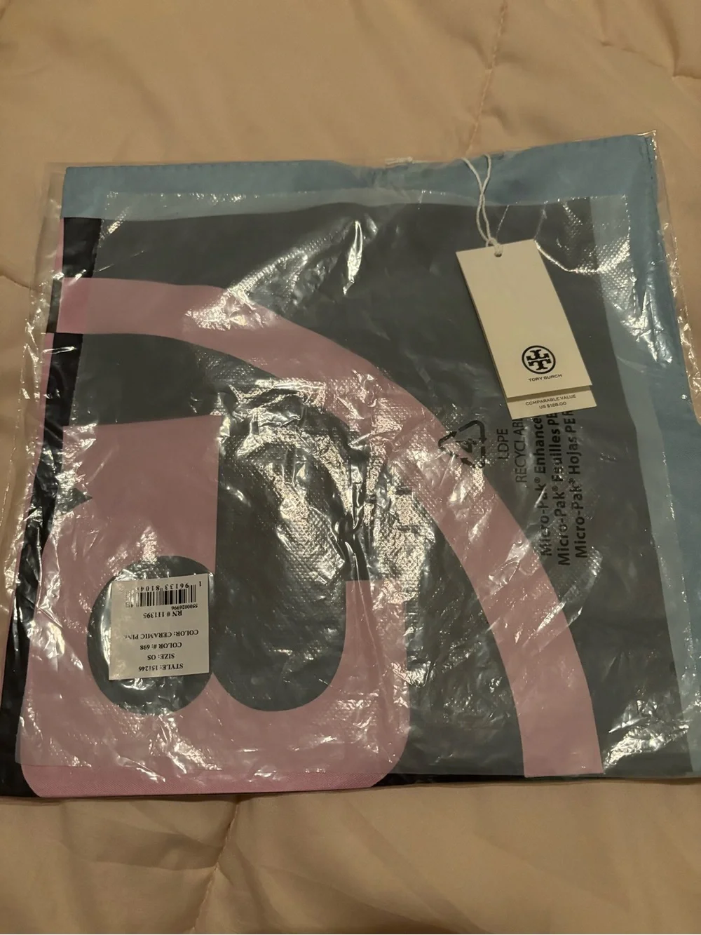 Tory Burch Colorblock Logo Silk Scarf in Pink, Green, Brown, Navy